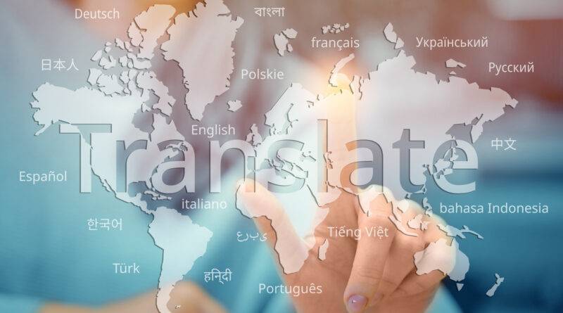 Konzept der Übersetzung aus verschiedenen Sprachen auf einer abstrakten Weltkarte