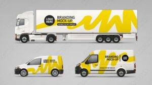 Pkw, Van und LKW Mockup mit Fahrzeugbeschriftungen, Branding und Corporate Identity Aufkleber.