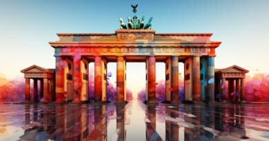 Eine minimalistische, abstrakte Darstellung des Brandenburger Tors mit klaren Linien, einfachen Formen und einer begrenzten Farbpalette, die ein Gefühl von Eleganz und Raffinesse vermittelt.