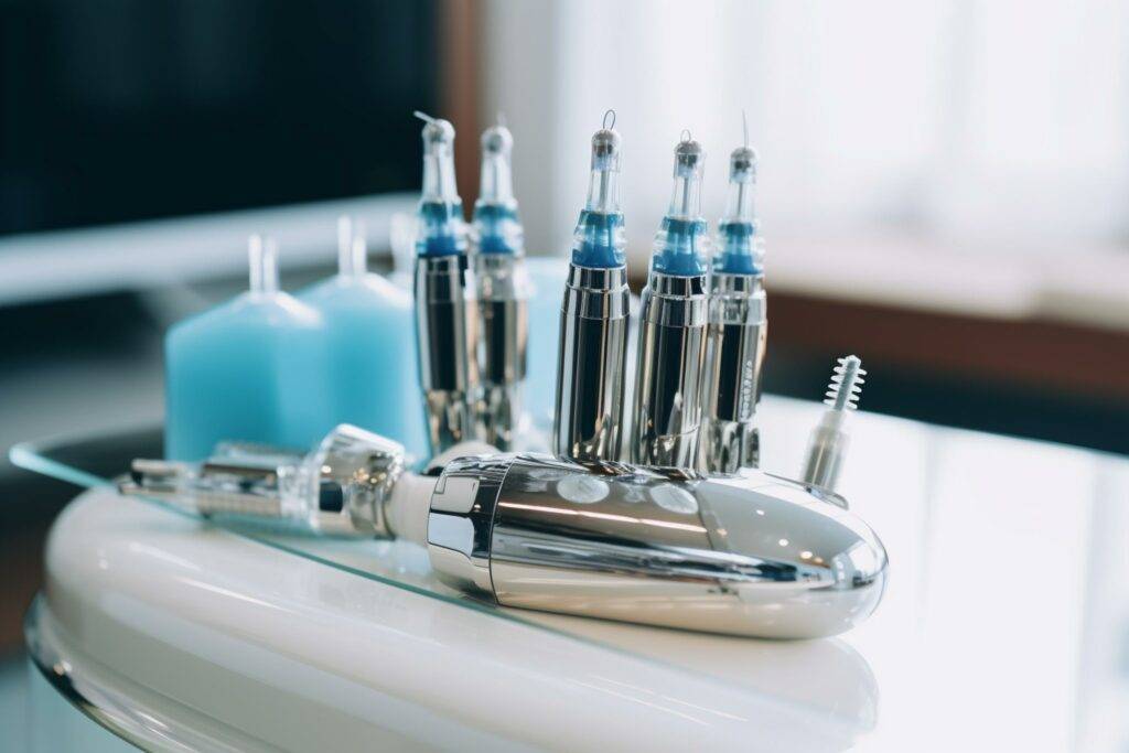 Hydrafacial Behandlung: Nahaufnahme von Spezialgeräten und blauen Serenfläschchen auf einer Ablage im Kosmetikstudio