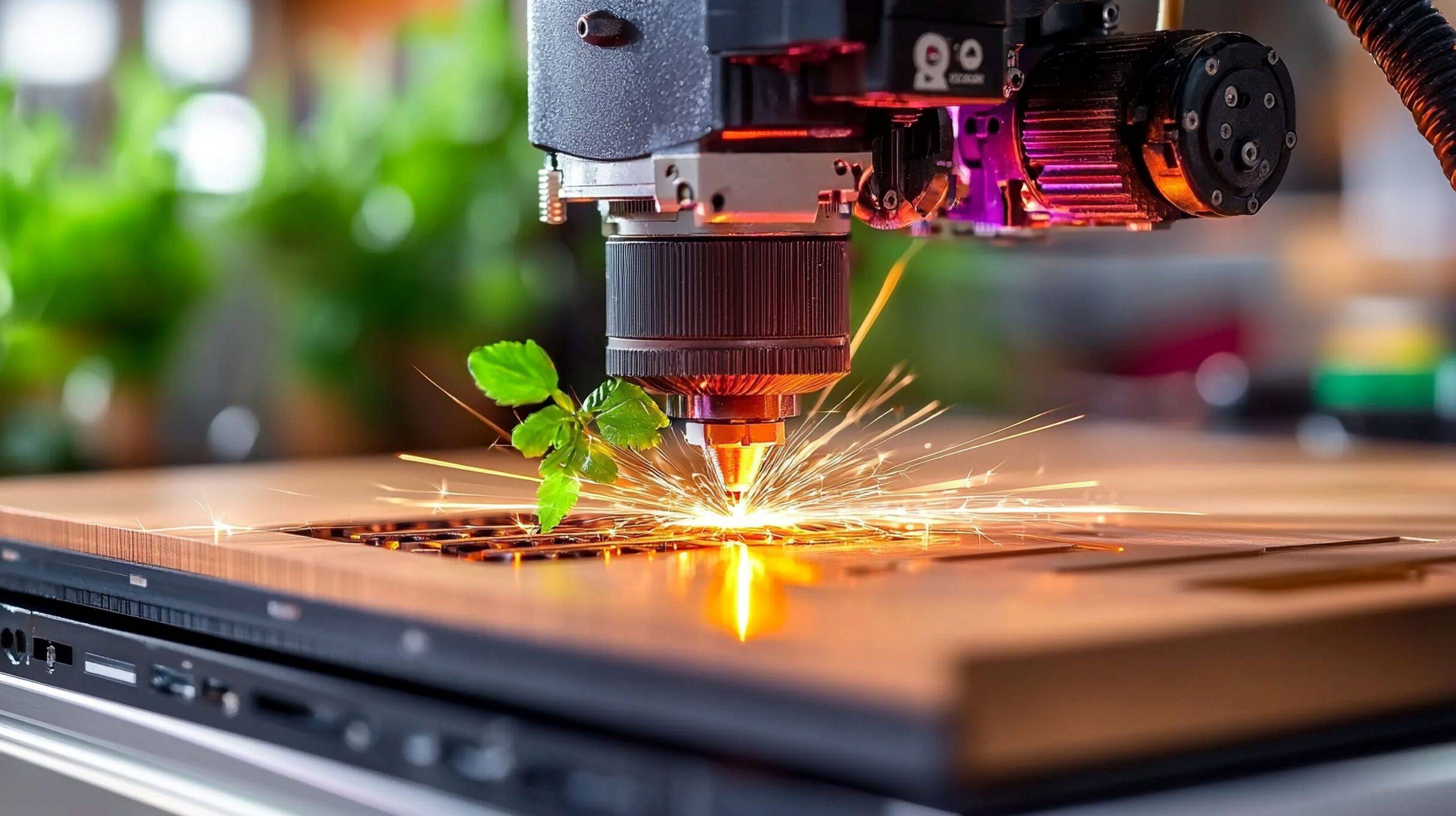 Lasergravur auf Holz mit grüner Pflanze – Symbol für nachhaltige und umweltfreundliche Fertigung