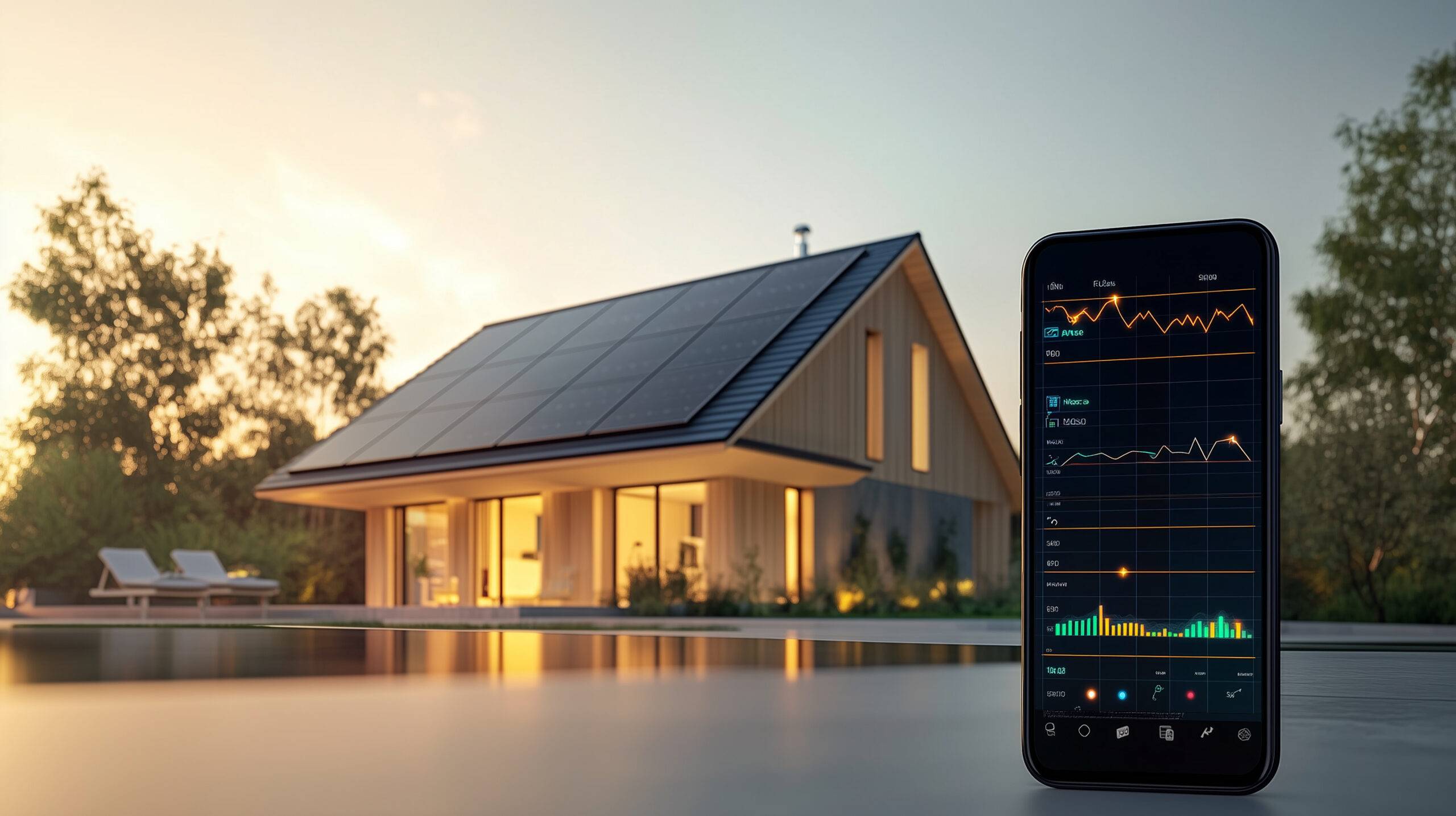 Modernes Einfamilienhaus mit Solaranlage im Abendlicht, im Vordergrund Smartphone mit Live-Überwachung des Sunny Tripower Smart Energy Systems