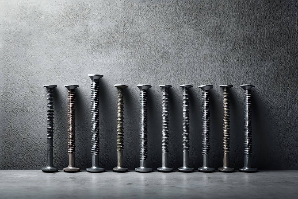 Reihe verschiedener Betonschrauben aus Metall vor grauer Wand – stabile Verbindungselemente für Beton und Mauerwerk