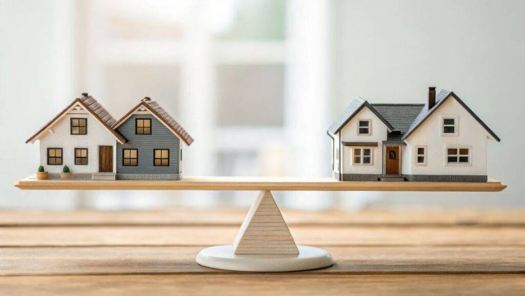Zwei Haeuser auf einer Waage – Visualisierung des systematischen Objektvergleichs im Rahmen des Immobilien Ertragswertverfahrens