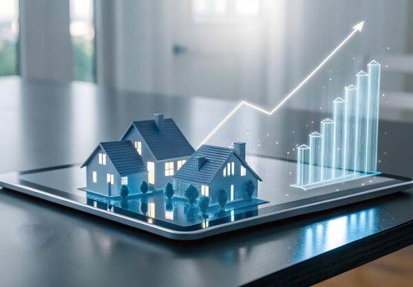 Digitale Darstellung von Haeusern auf einem Tablet mit wachsender Ertragskurve – Symbolbild fuer das Immobilien Ertragswertverfahren und Investitionsanalyse