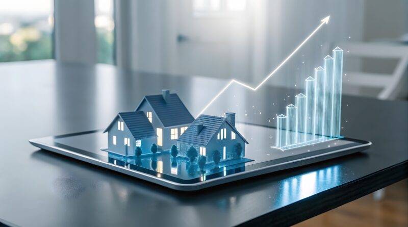 Digitale Darstellung von Haeusern auf einem Tablet mit wachsender Ertragskurve – Symbolbild fuer das Immobilien Ertragswertverfahren und Investitionsanalyse