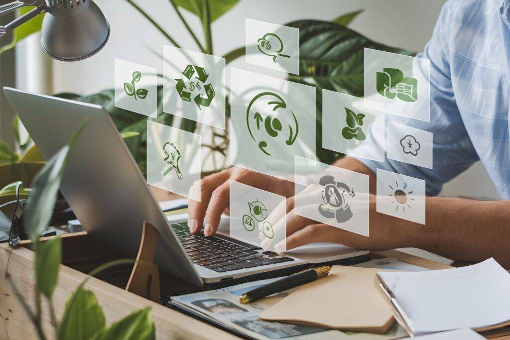 Person arbeitet digital an nachhaltigen Stadtloesungen – Zukunftskonzepte beinhalten auch smarte und ressourcenschonende Absperrpfosten