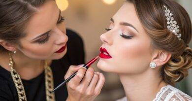 Visagistin schminkt Braut mit rotem Lippenstift | Kosmetikstudio Essen