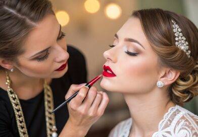 Visagistin schminkt Braut mit rotem Lippenstift | Kosmetikstudio Essen