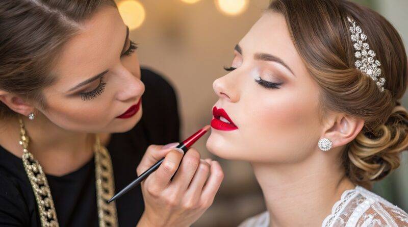 Visagistin schminkt Braut mit rotem Lippenstift | Kosmetikstudio Essen