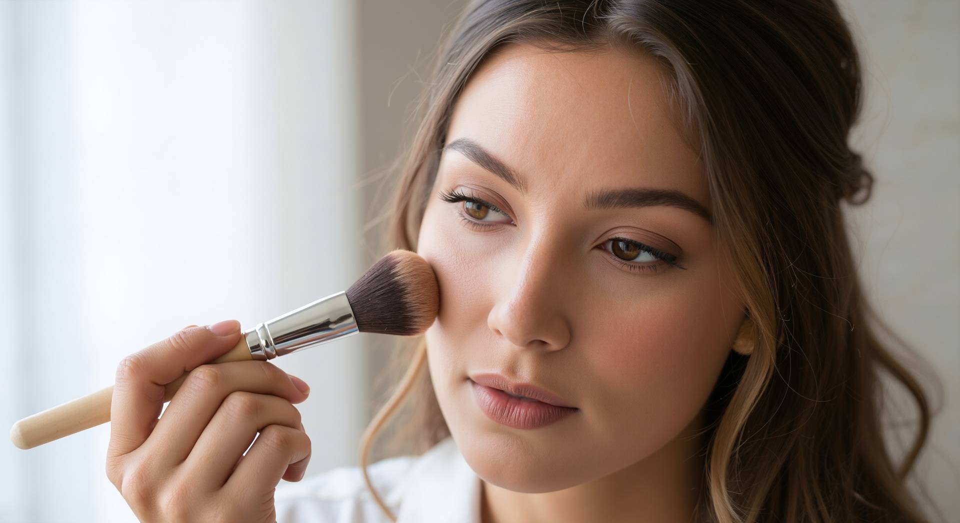 Frau trägt Rouge mit Make-up-Pinsel auf | Kosmetikstudio Essen