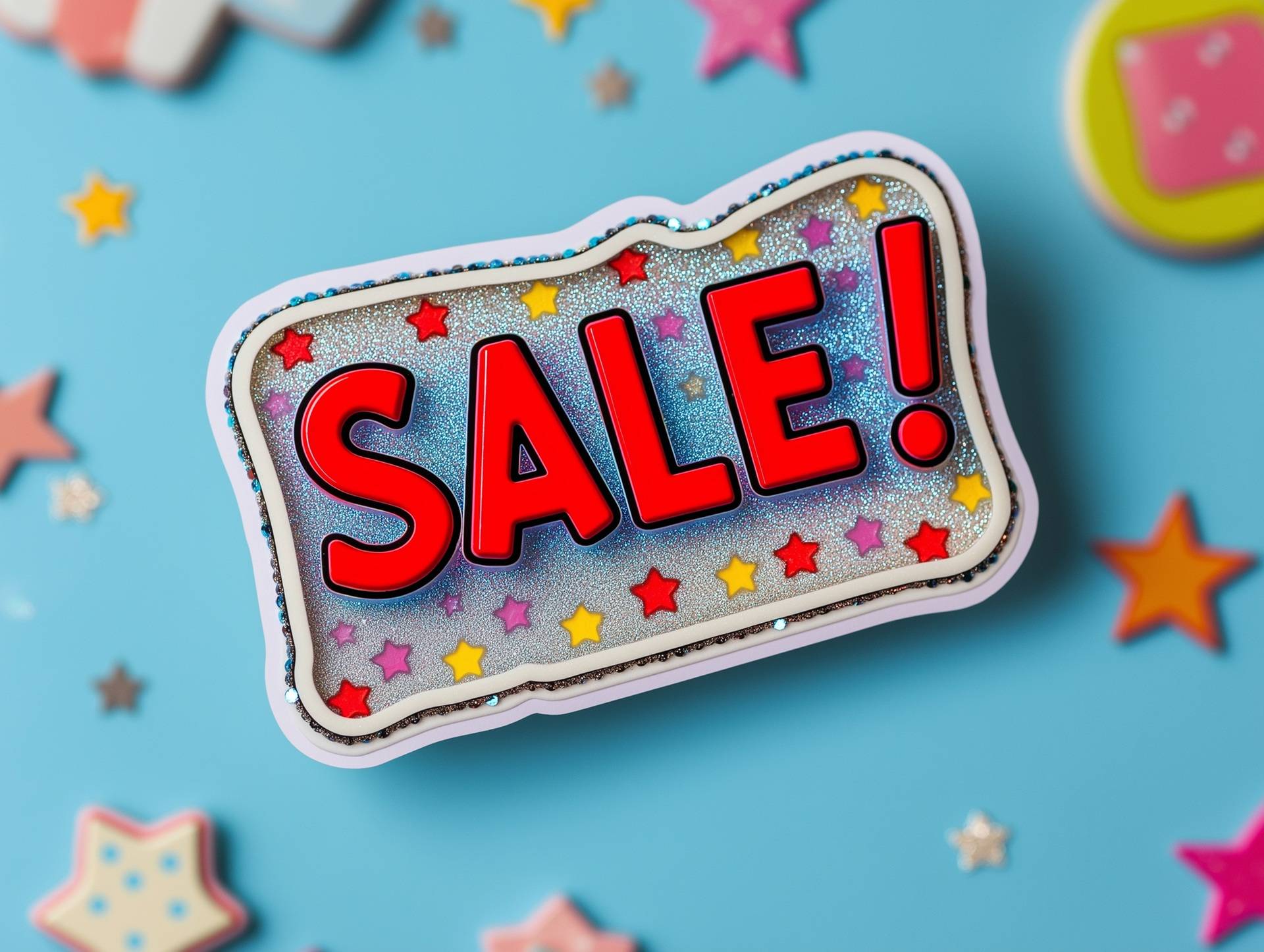 Bunte Sale-Grafik auf Blau | Postkartenständer