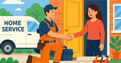 Handwerker begrüsst Kundin vor Haus für schnellen Service | Notdienst für Heizöl