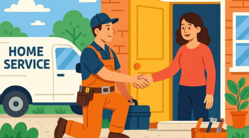 Handwerker begrüsst Kundin vor Haus für schnellen Service | Notdienst für Heizöl